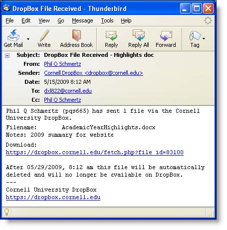Typical Dropbox File Received email showing file information and link