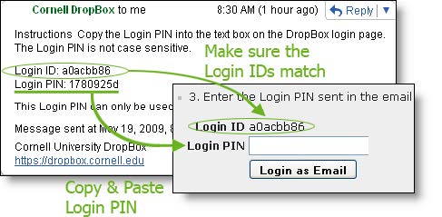Dropbox email message showing Login PIN, and where to enter the PIN in the program