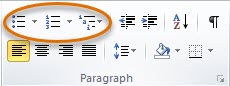 Home tab ribbon in Microsoft Word with the bullet list, numbered list, and multilevel list icons highlighted