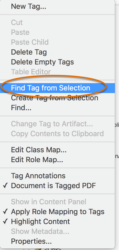Menu with Find Tag from Selection highlighted
