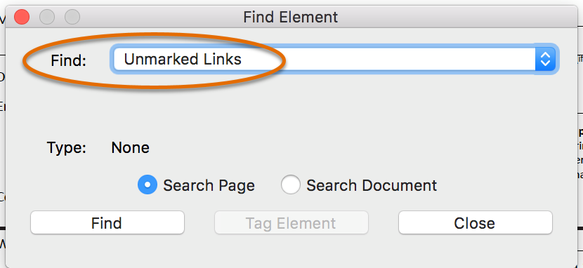 Find element menu with find unmarked links selected