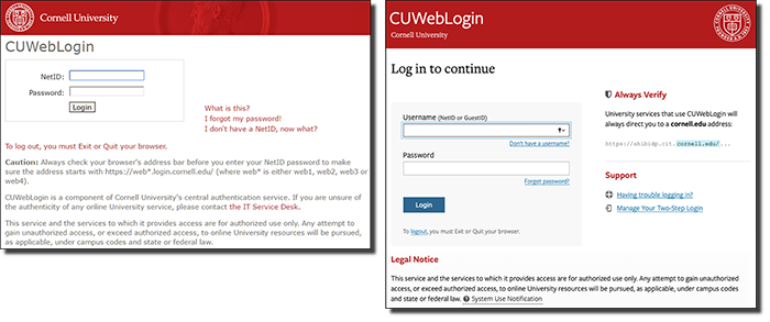 Two screenshots. The left image shows CUWebLogin as it has appeared for the past few years. The image on the right shows the updated screen, which includes "Always Verify" and "Support" sections.
