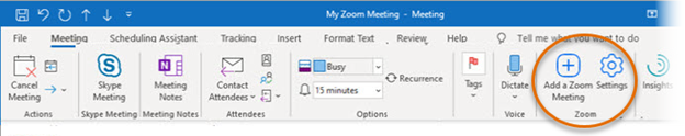 In Outlook, the new Zoom add-in buttons are located toward the right end of the menu in a section titled Zoom and are identified by a blue plus sign in a rounded square to Add meetings, and a blue gear icon for Settings.
