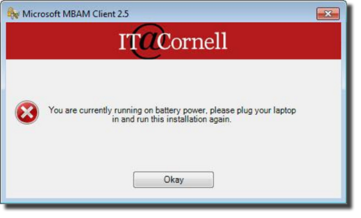 The error message starts with you are currently running on battery power.