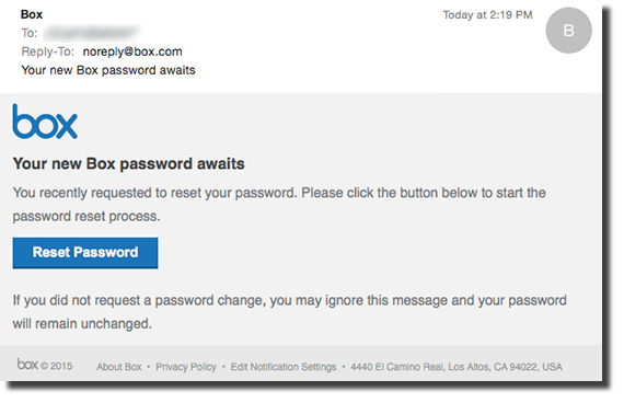 Box email to reset password