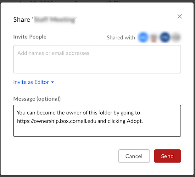 Share a Box folder to someone, then let them know they can take ownership at ownership.box.cornell.edu