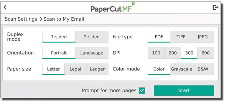 Screen showing scan settings: paper size, orientation, file type, dpi, color mode