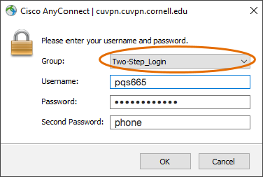 First-time users see CU VPN with Second Password Box