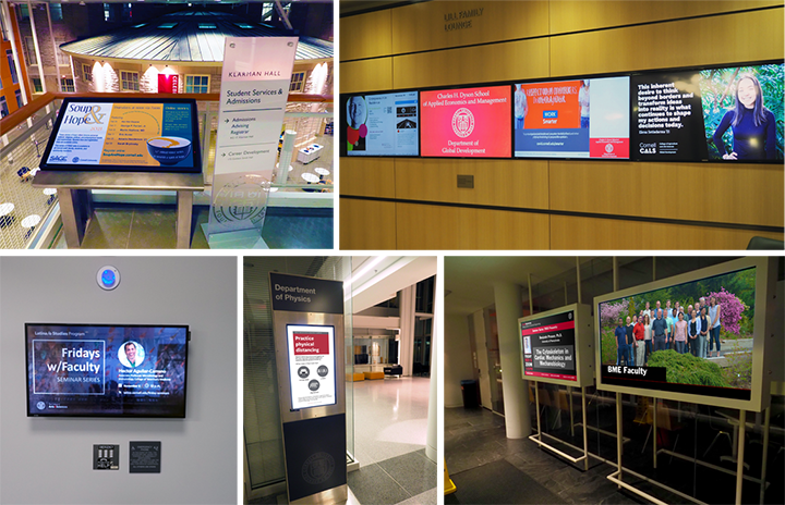 Examples of CUView signs in use on the balcony of Klarman Hall, a bank of screens in the lobby of Warren Hall, in a corridor outside an academic department, as a kiosk in Physical Sciences, and in the lobby of Weill Hall.