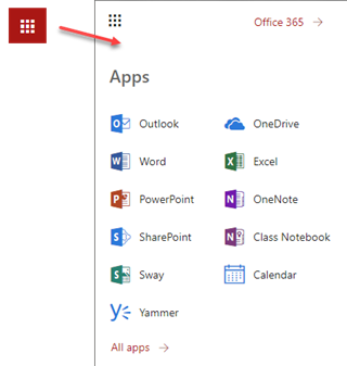 Office 365 web-based applications - menu