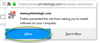 Dialog box reading www.printerlogic.com - Firefox prevented this site from asking you to install software on your computer, with Allow button in blue