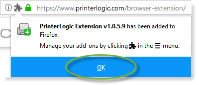 PrinterLogic Extension dialog box showing blue OK button