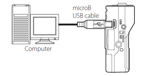 Connect a USB cable to the jack labeled USB on left side of the recorder.