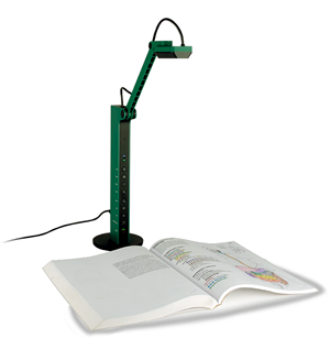 The document camera is a stand-alone device including a stand with controls and an arm-mounted camera allowing display of flat objects on a level surface.