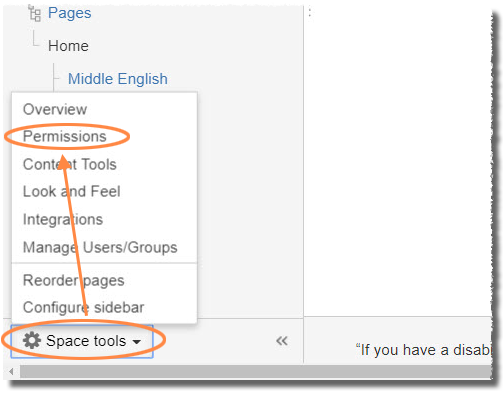 Select Permissions and then Space Tools at the bottom of the Browser window