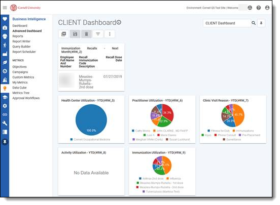 Cority app Client Dashboard showing example charts