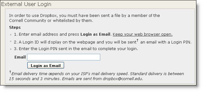 Dropbox External user login showing instructions and field for specifying Login as Email address