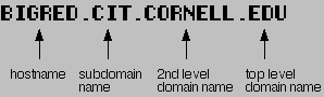 hostname dot subdomain name dot second level domain name dot top level domain name. For example bigred dot CIT dot Cornell dot EDU