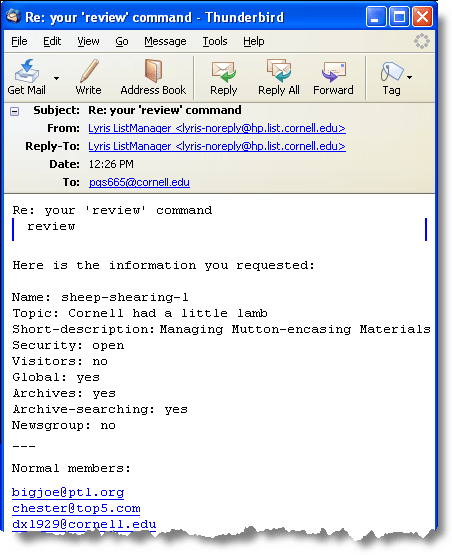 email reply to the review command from Lyris, showing list settings and the addresses of all members