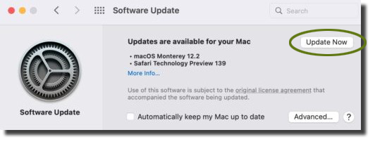 The Software Update dialog box includes the text "Updates are available for your Mac," followed by a list of updates and a button reading either Update Now or Restart Now.