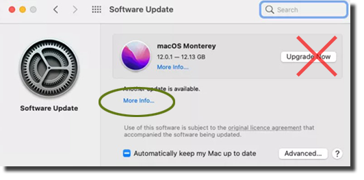 This Software Update dialog box shows the version name and number of a macOS (such as "macOS Monterey, 12.0.1) and a button labeled Upgrade Now.