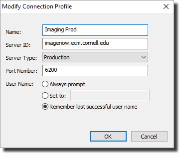 Screen showing modify connection profile