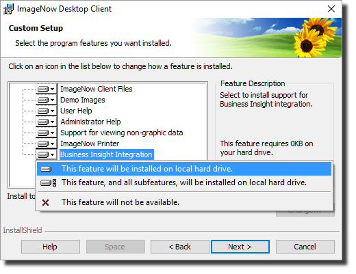 select Business Insight Integration, then This feature will be installed on the local hard drive.