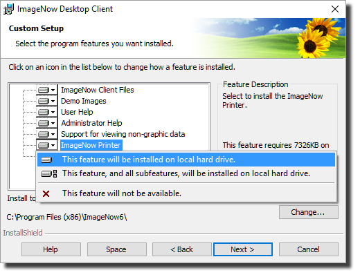 select ImageNow Printer, then This feature will be installed on the local hard drive.