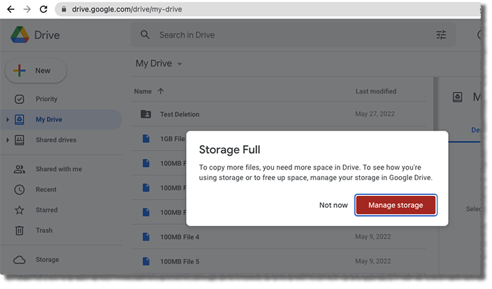 Google Drive file listing overlaid with "Storage Full" alert