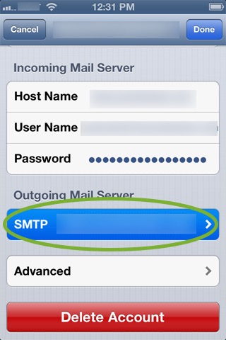 Outgoing server settings in iOS mail app