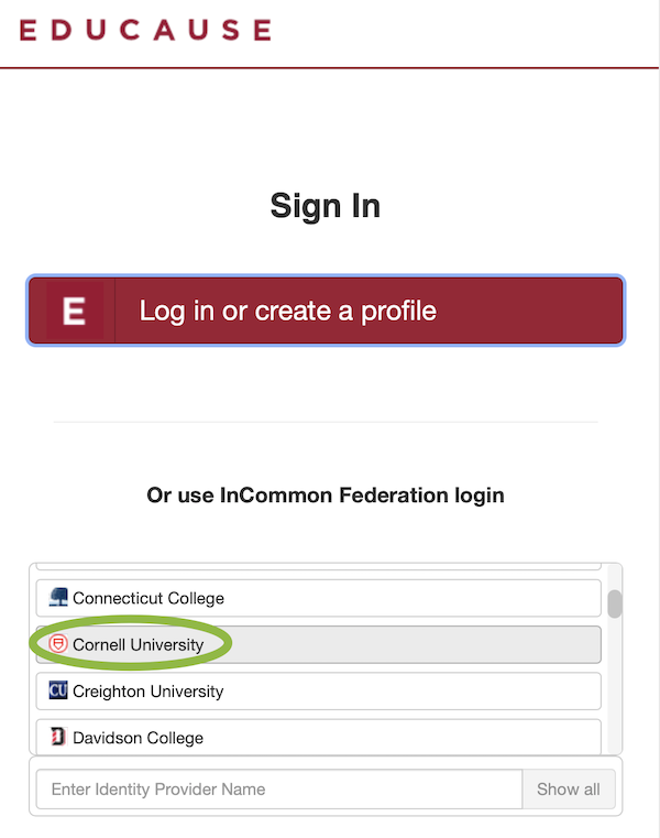 Select Cornell University from InCommon login