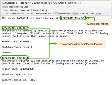 The first line is the most recent reboot. The message also includes the two previous user-initiated shutdowns. 