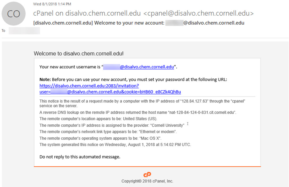 cPanel welcome email shows the username and password invitation link
