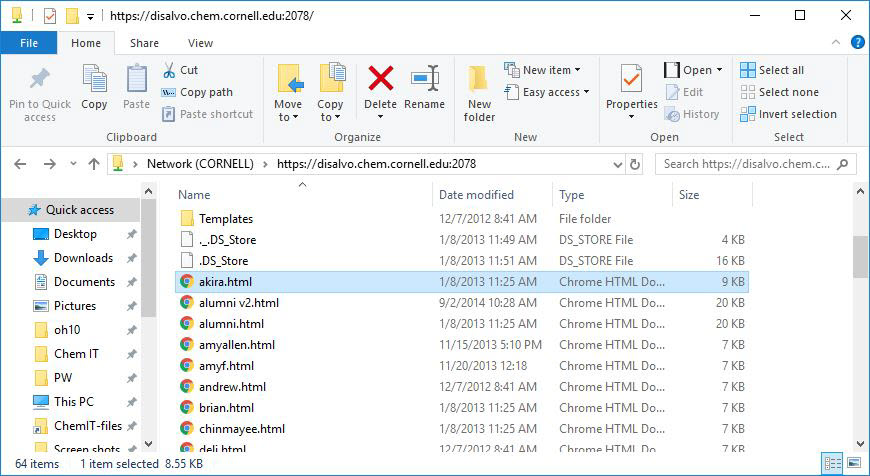 Cornell site in Windows File explorer showing HTML files