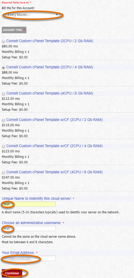 Picture of Media3's Cornell Template form with Billing Frequency, Template, Server Name and Administrative User Name selected 