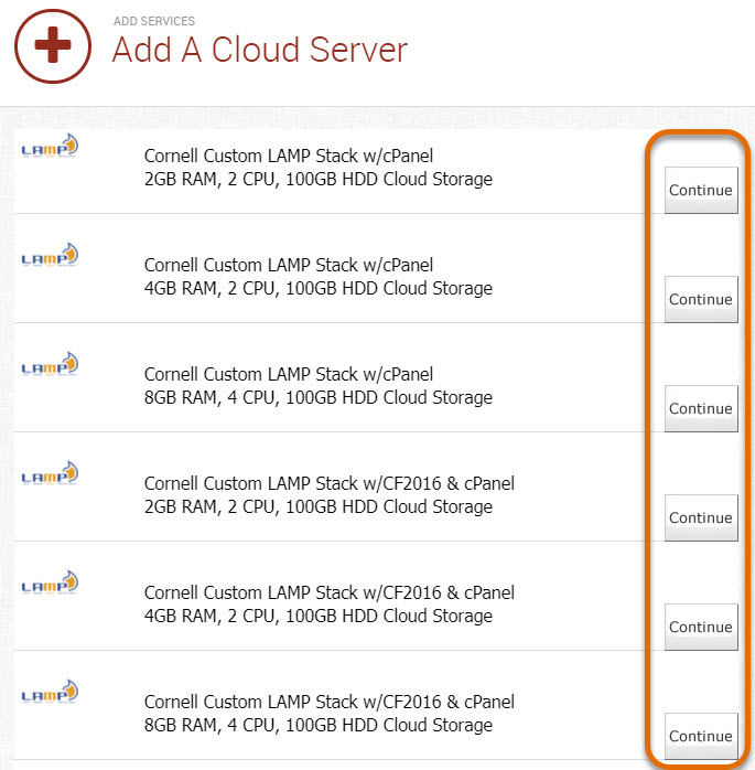 Picture of Media3 Dashboard with Options to Add a Cloud Server showing Cornell LAMP stack configurations