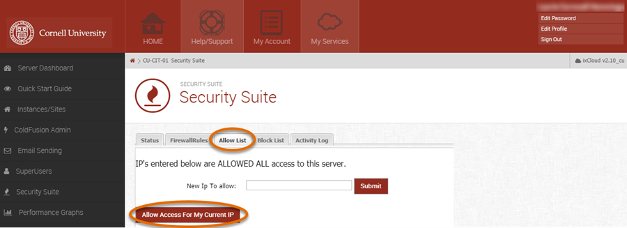 Media3 Security Suite panel with Allow List and Allow Access to my Current IP selected