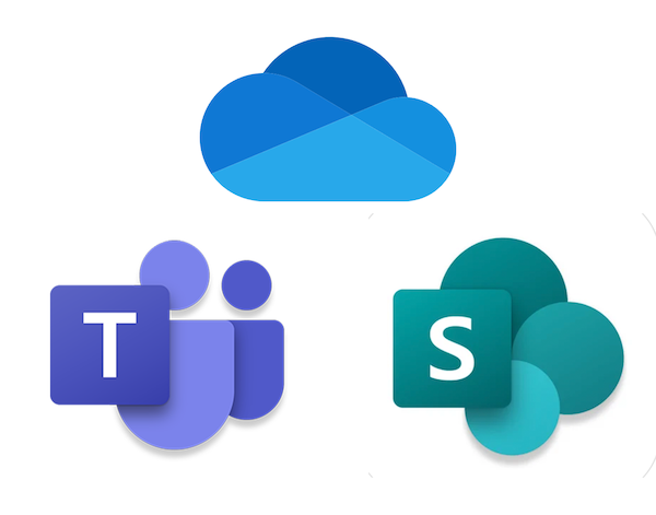 Logos for Microsoft OneDrive, Teams, and Sharepoint
