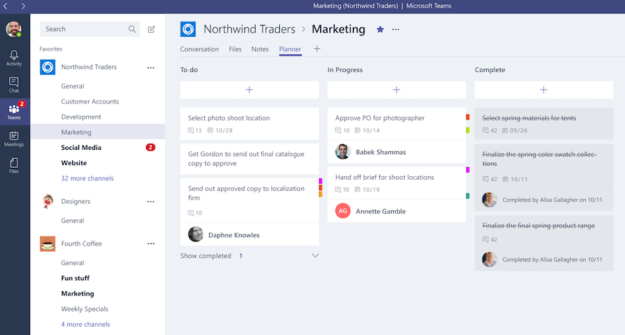Example of a Planner plan inside Microsoft Teams