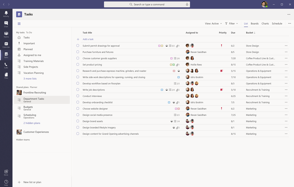 Example of how the Tasks app looks in Microsoft Teams