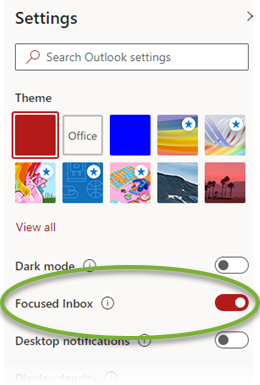 Focused Inbox is active when the toggle in Outlook on the web Settings in to the right and highlighted