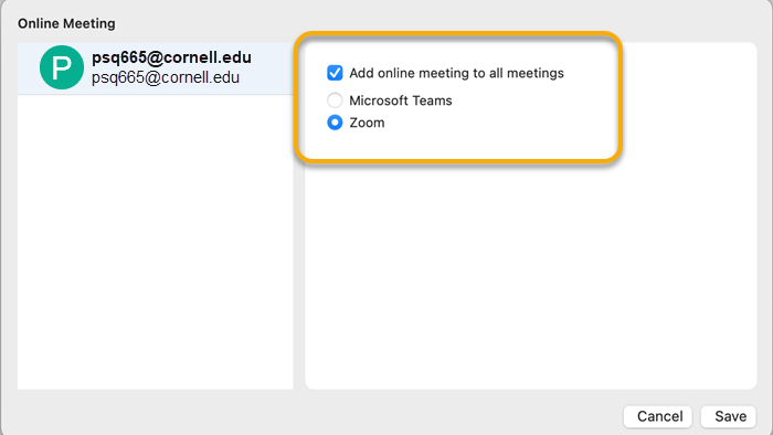 Under Online Meeting, select or deselect Add online meeting to all meetings. 