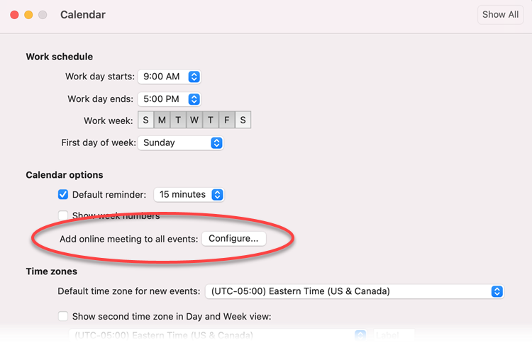Under Calendar, then Calendar options, for Add online meeting to all events, select Configure.