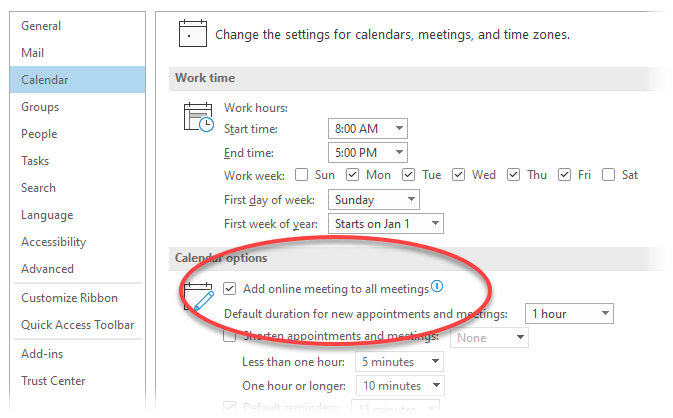 Under Calendar, then Calendar options, select or unselect Add online meeting to all meetings.