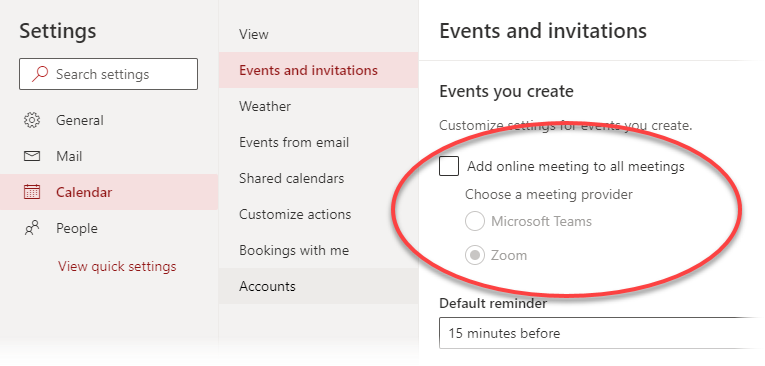 In Settings, select Calendar, then Events and invitations, then check or uncheck Add online meeting to all meetings.