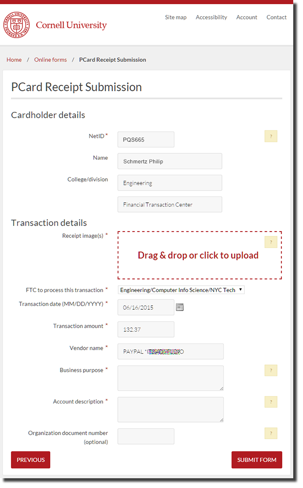 PCard Receipt Submission details including NetID, Name, etc.