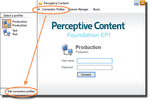 Perceptive Content screen with connection profiles and Edit connection profiles circled