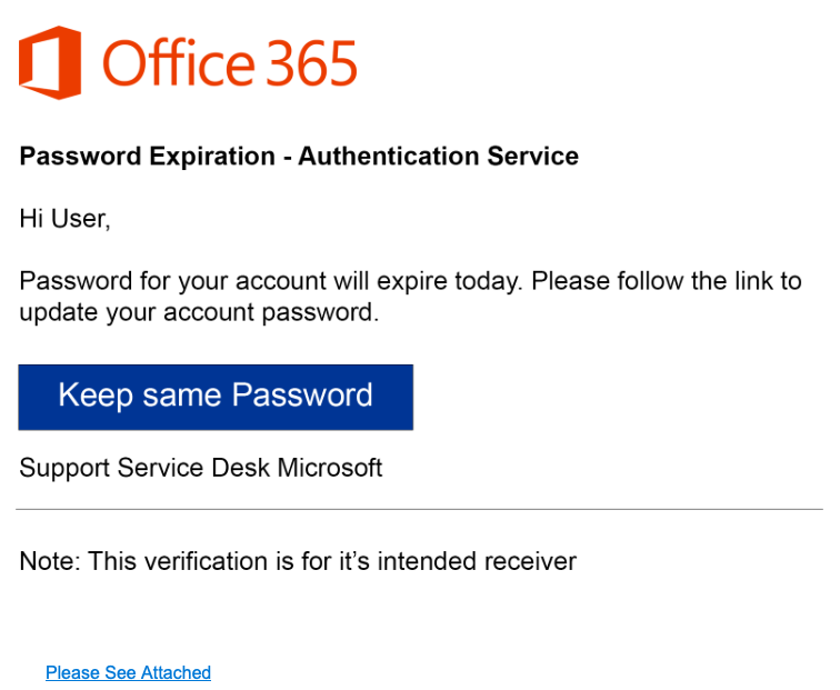 A fake Microsoft Office 365-branded notification with the heading "Password Expiration - Authentication Service" and a blue "Keep same Password" button.