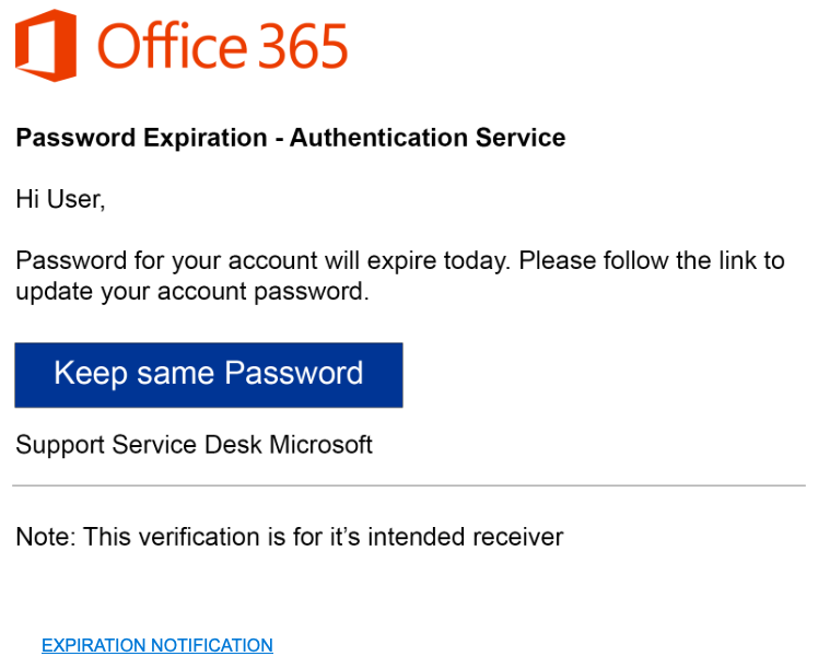 A fake Office 365-branded notification with the heading "Password Expiration - Authentication Service" with a "Keep same Password" button.