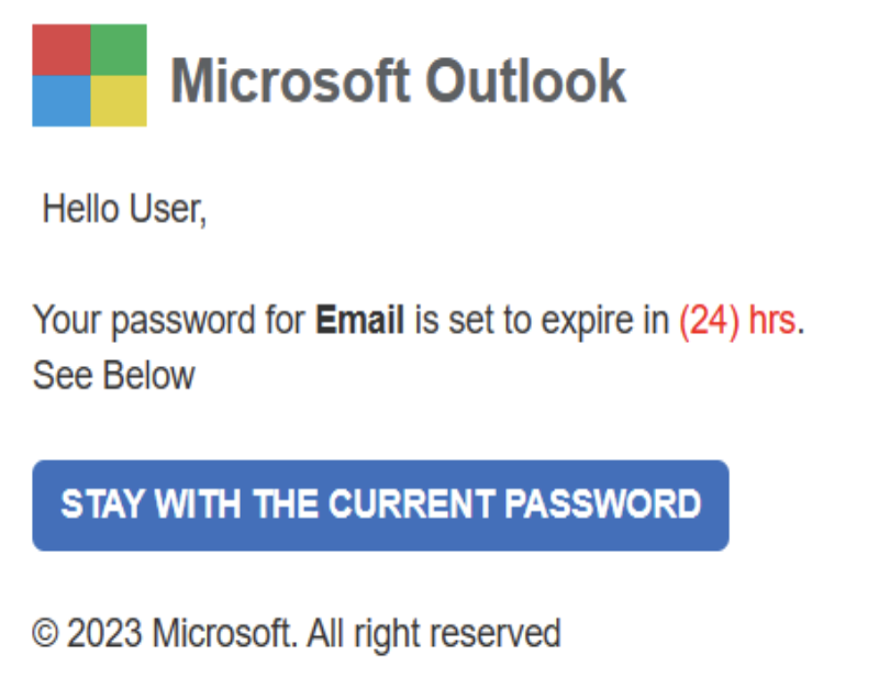 A fake Microsoft Outlook-branded notification that a user's email password is set to expire in 24 hours with a "Stay with the current password" button.